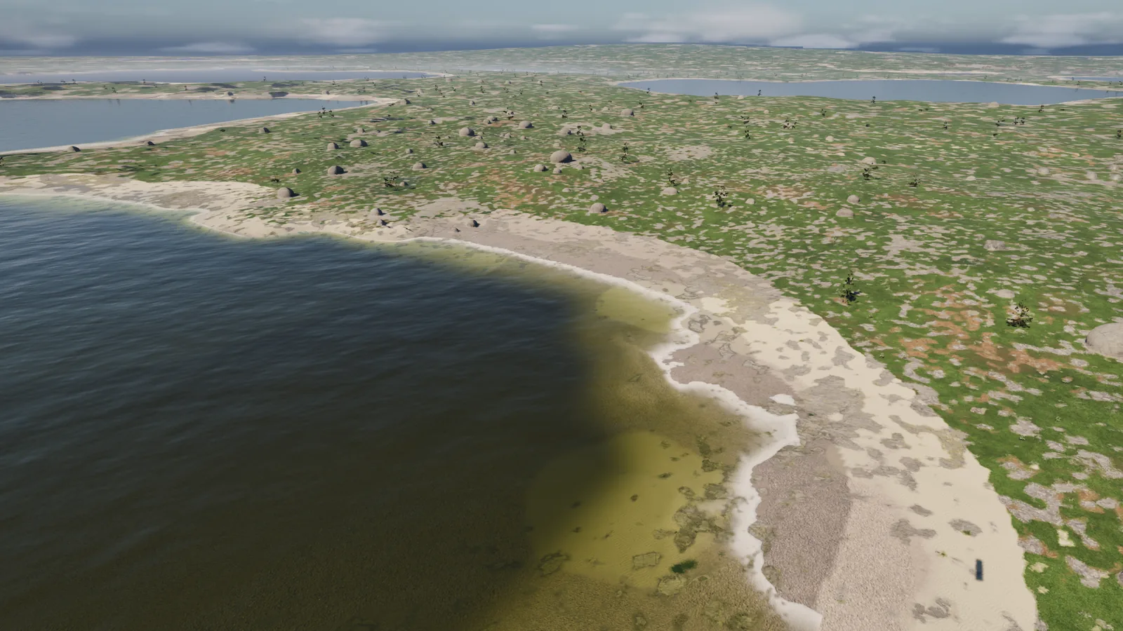 A lake shore on the high plateau with foam along the waterline