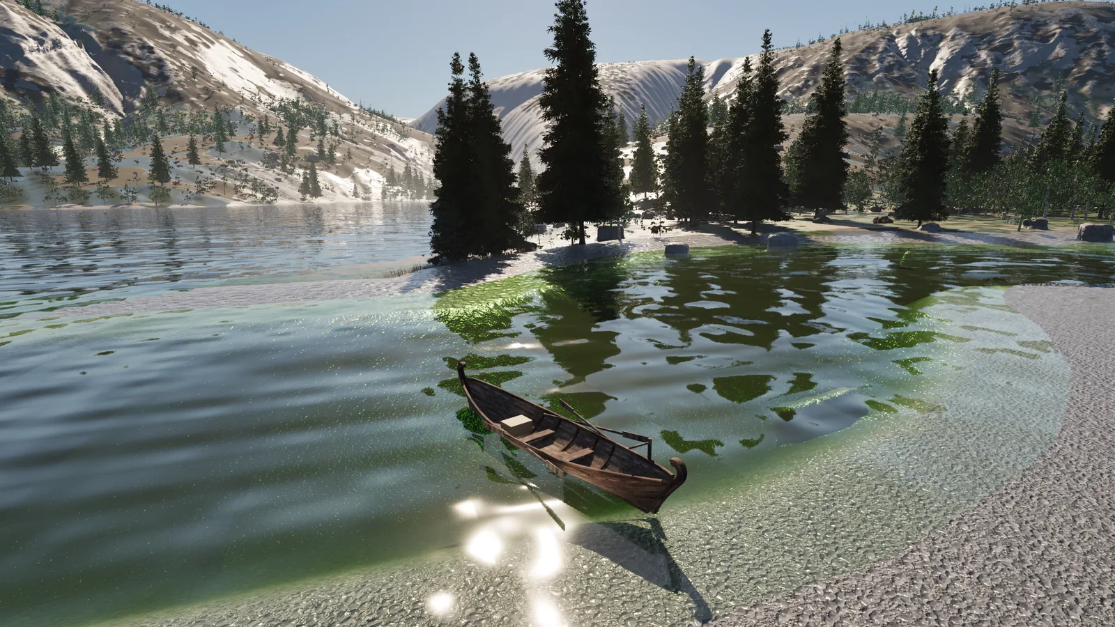 A small rowing boat in the shallows of a forest lake