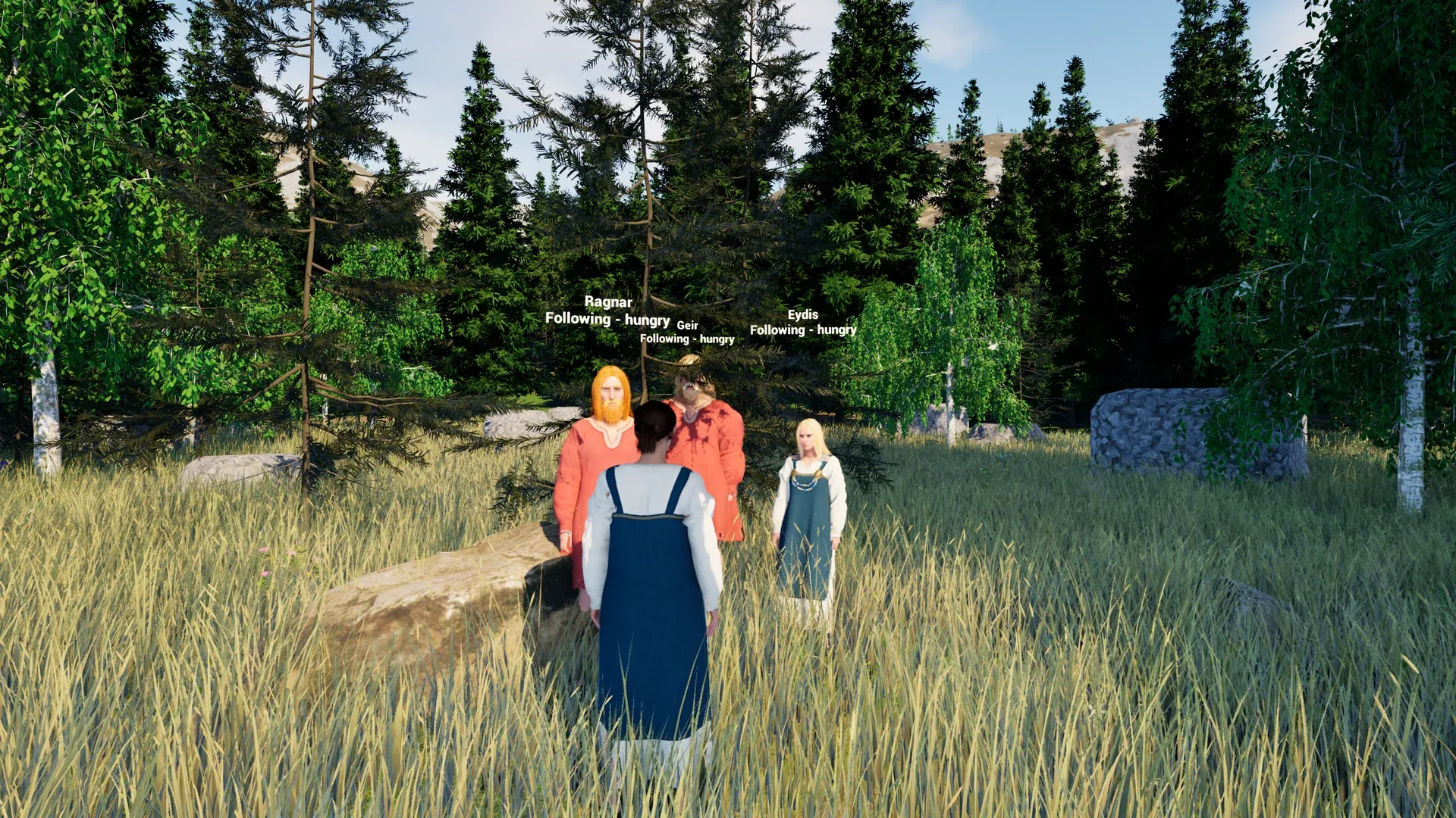 A shield-maiden and Viking companions in a birch meadow