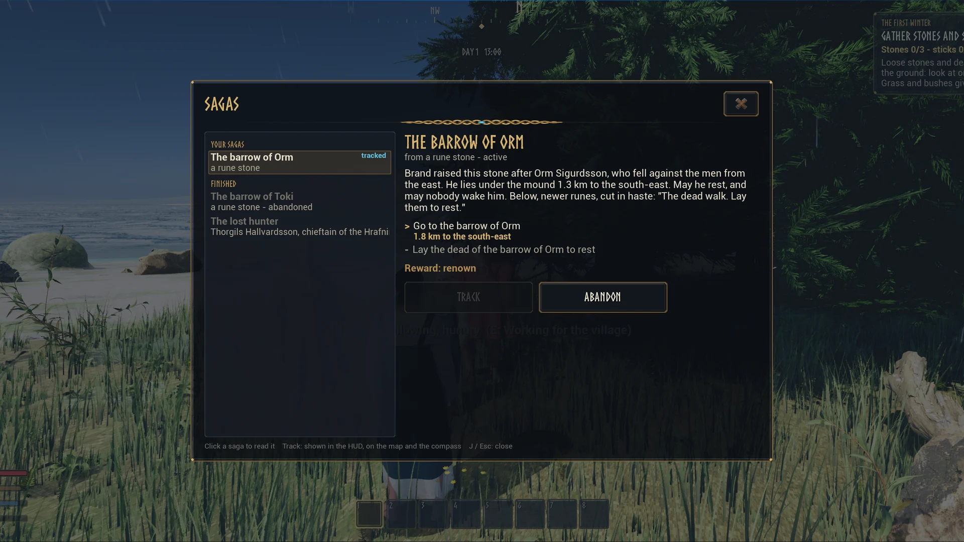 The saga journal open over the game, showing the saga The Barrow of Orm with its rune stone text and steps