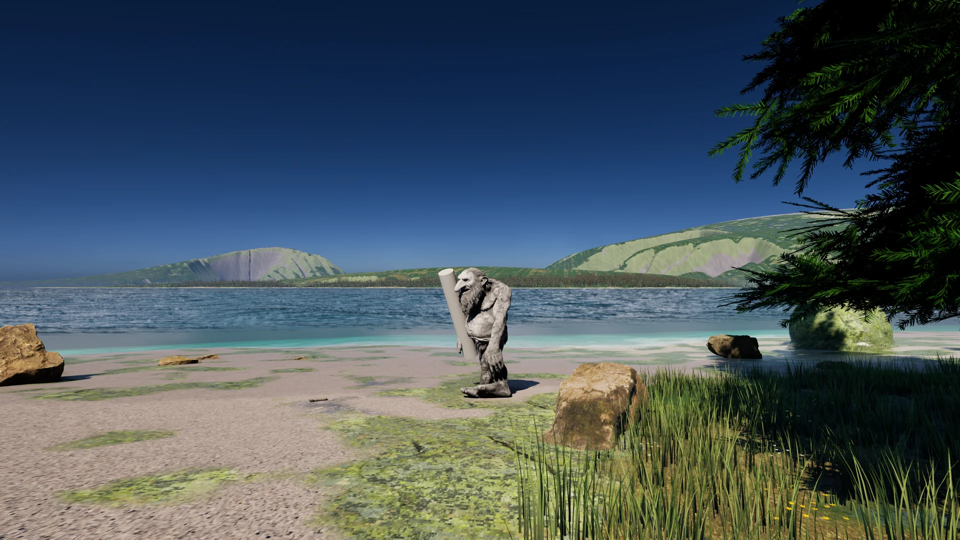 A troll turned to stone on a beach