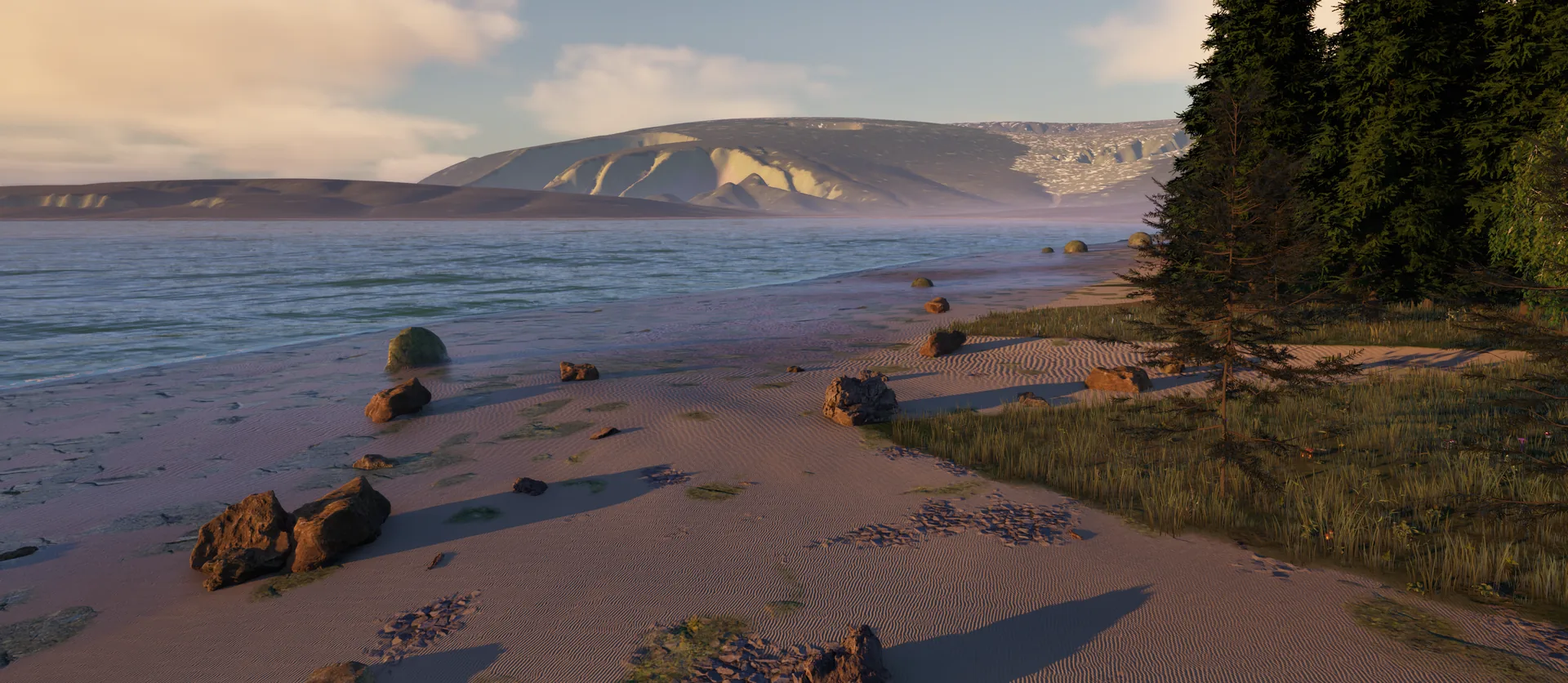 A sandy beach with rocks in warm evening light, spruce trees on the right and a mountain across the calm water