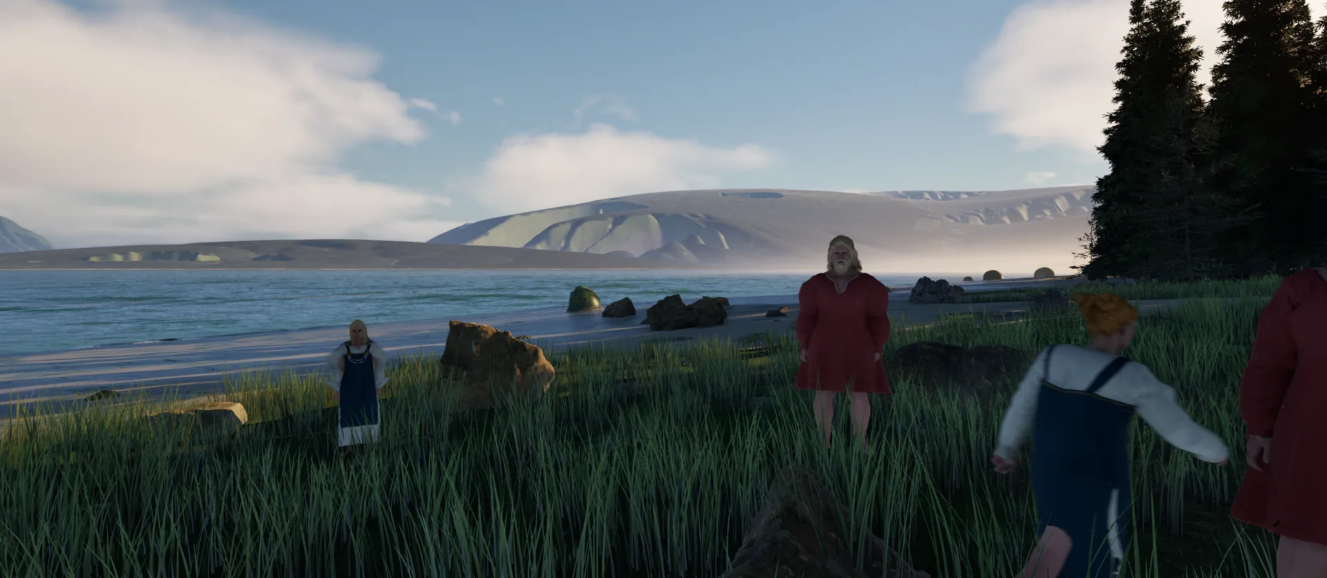 Early morning at the shore: villagers in the grass, mist lying over the fjord, white clouds over the far mountains