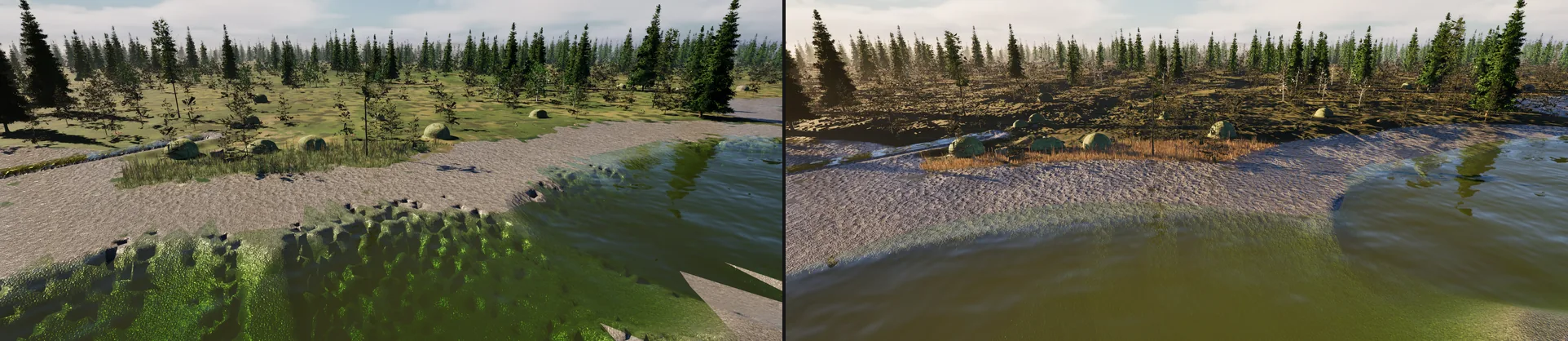 A river pool twice: on the left the shallow water is broken by lumps and jagged edges, on the right the water is smooth with a clean shore