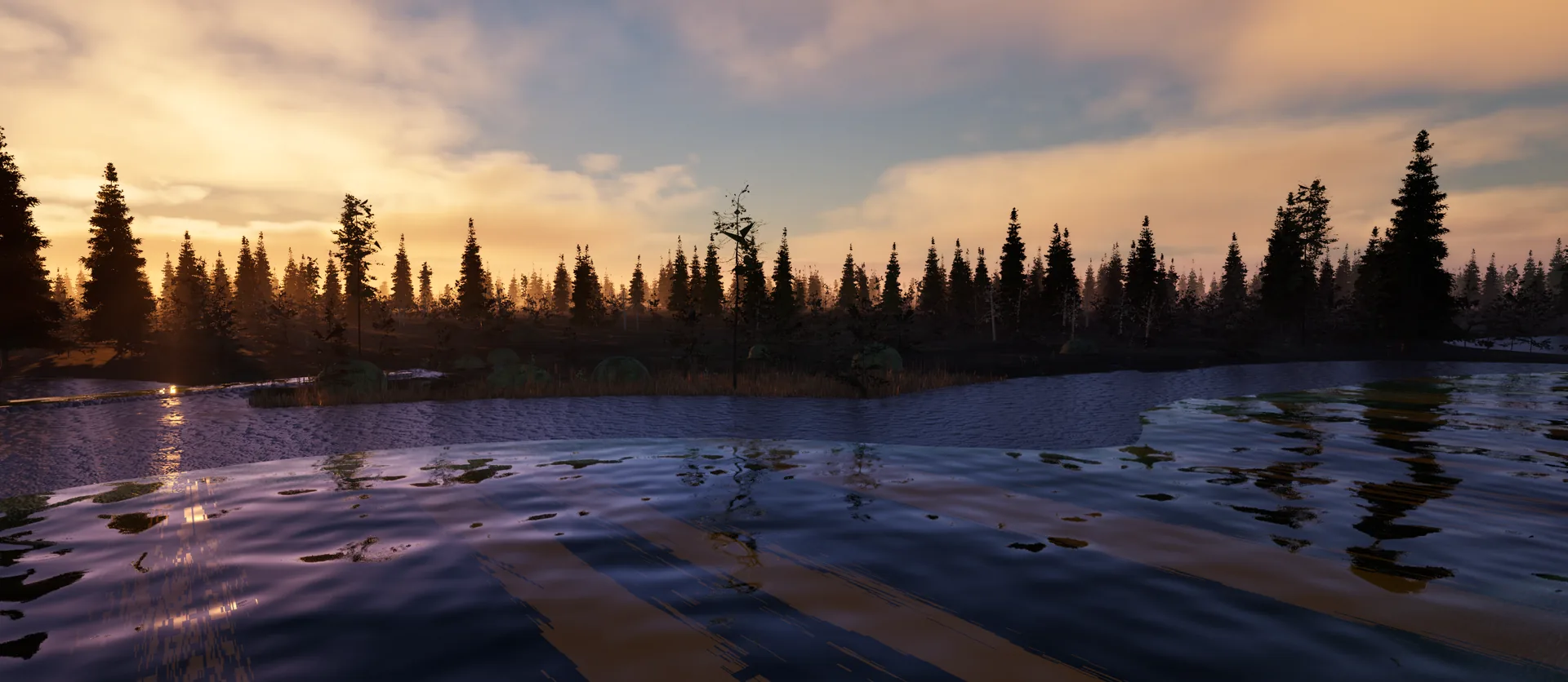 A calm river pool with a gravel bank and golden reeds, spruce trees behind it under a blue sky