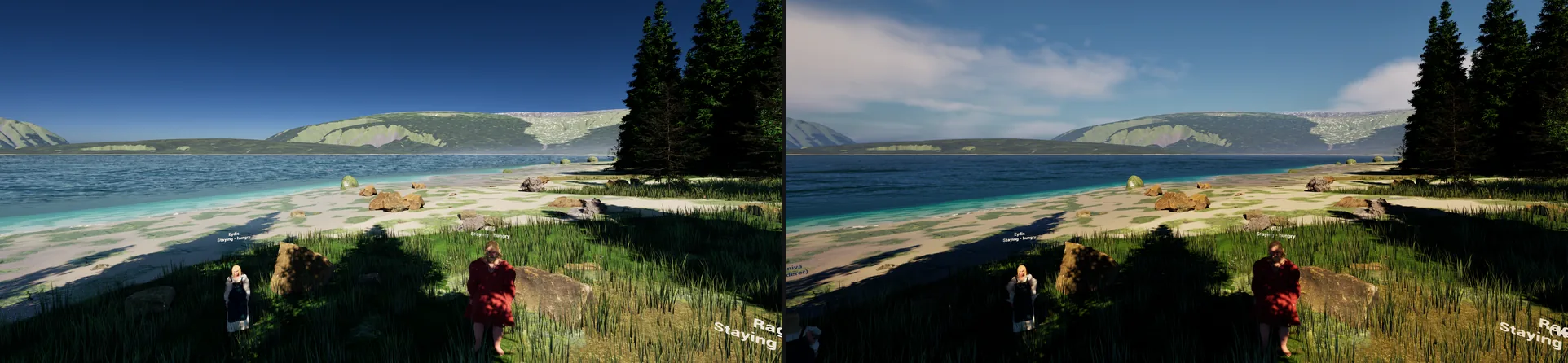 The same beach twice: on the left under a dark navy sky without clouds, on the right under a pale blue sky with white clouds and haze over the mountains