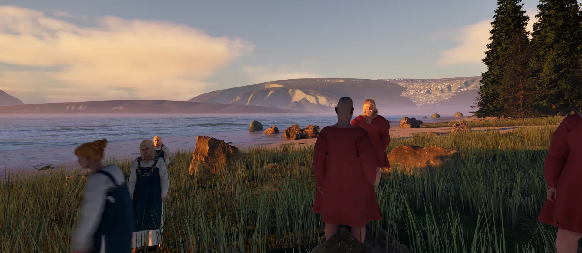 Villagers in red and blue Viking clothes standing in tall grass by the shore in warm evening light, with mountains across the fjord