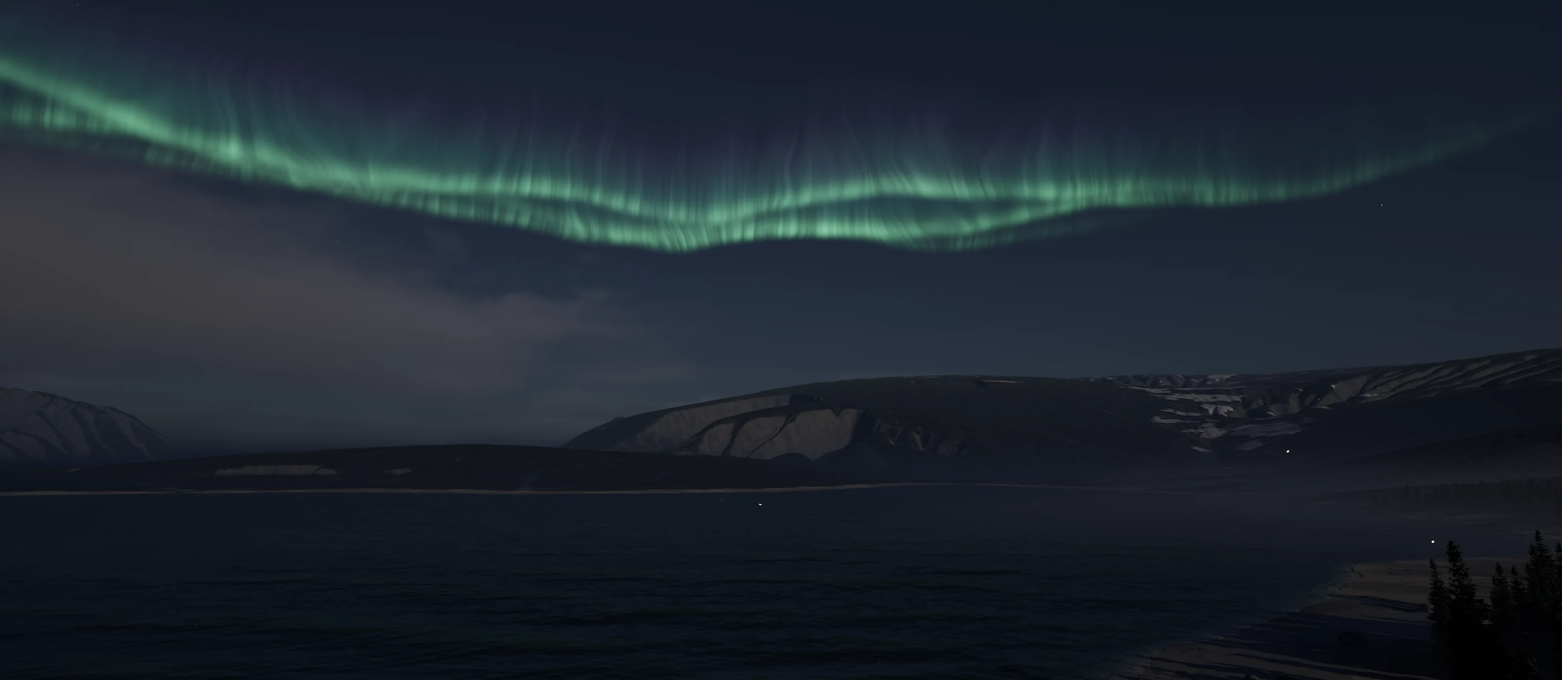 Emerald green and violet Aurora Borealis curtains rippling across the night sky above the dark fjord and snow-streaked mountain cirques