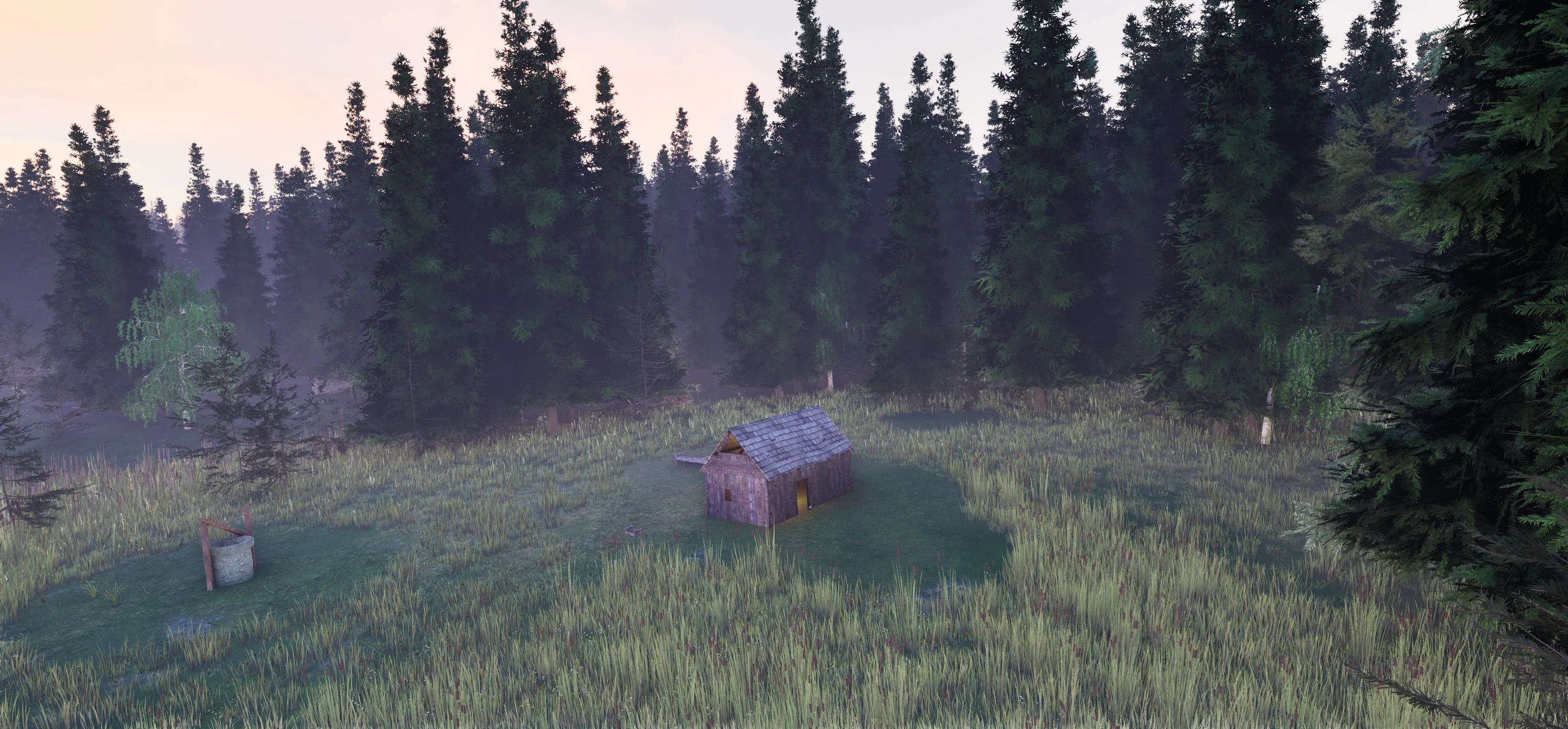 A wooden homestead hut in a misty forest clearing at dusk, warm golden light spilling from the open doorway and soft woodsmoke rising into the spruce tops
