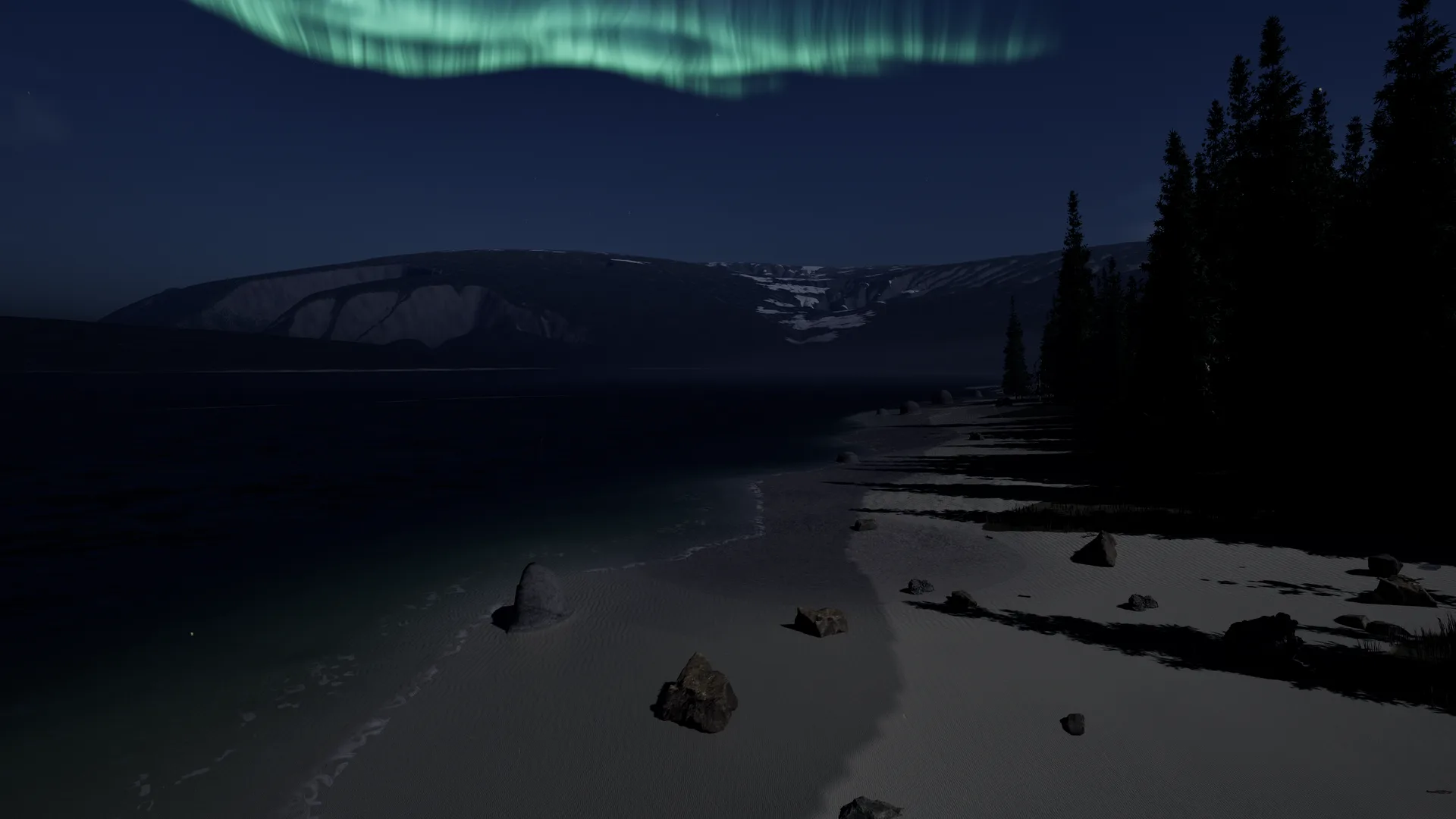 Ein mondheller Strand bei Nacht mit schwachem grünem Polarlicht über dem Fjord, schneegestreiften Bergen und dunklen Fichten